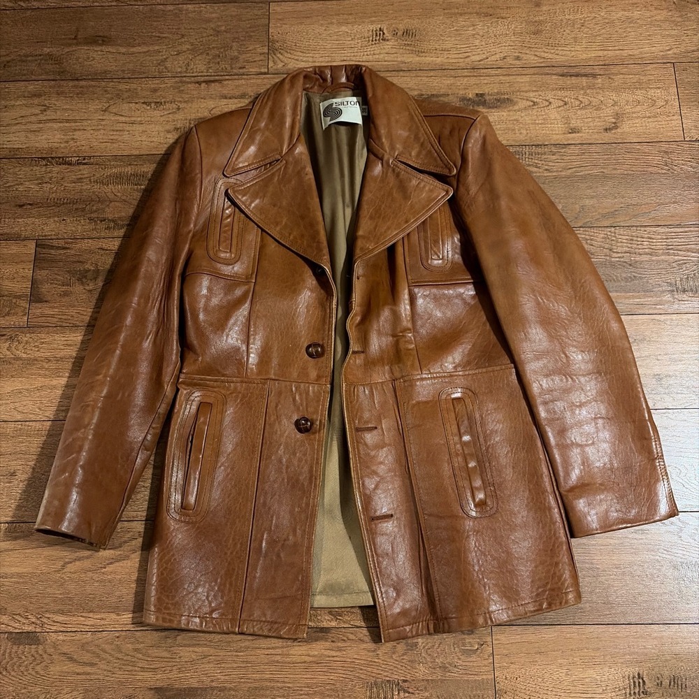 Vintage 70s Silton California Leather Car Coat Jacket Brown 38 Medium